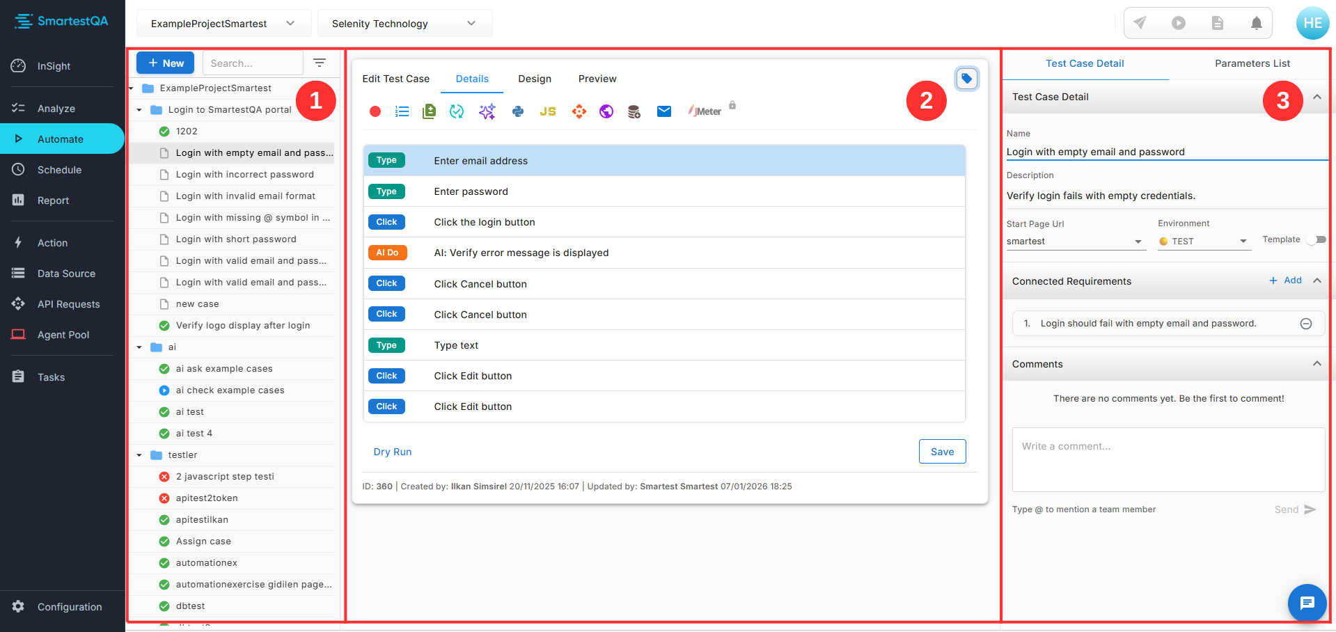 SmartestQA Test Case Screen - Automate page overview